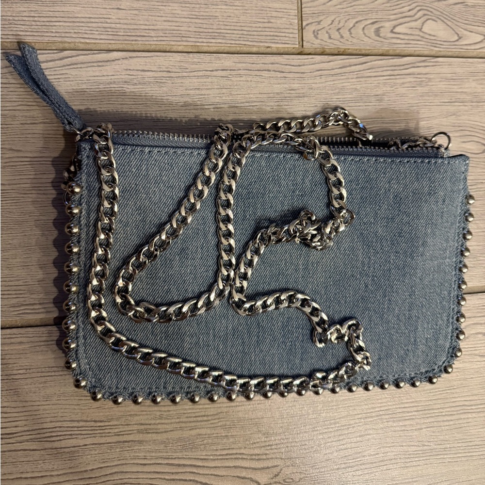 Zara Denim Studded Crossbody Wallet/ Clutch with Silver Accents and Chain Strap